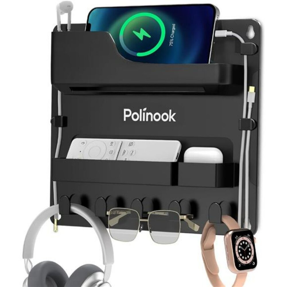 Bedside wall mount shelf phone holder organizer with hooks bedroom storage rack